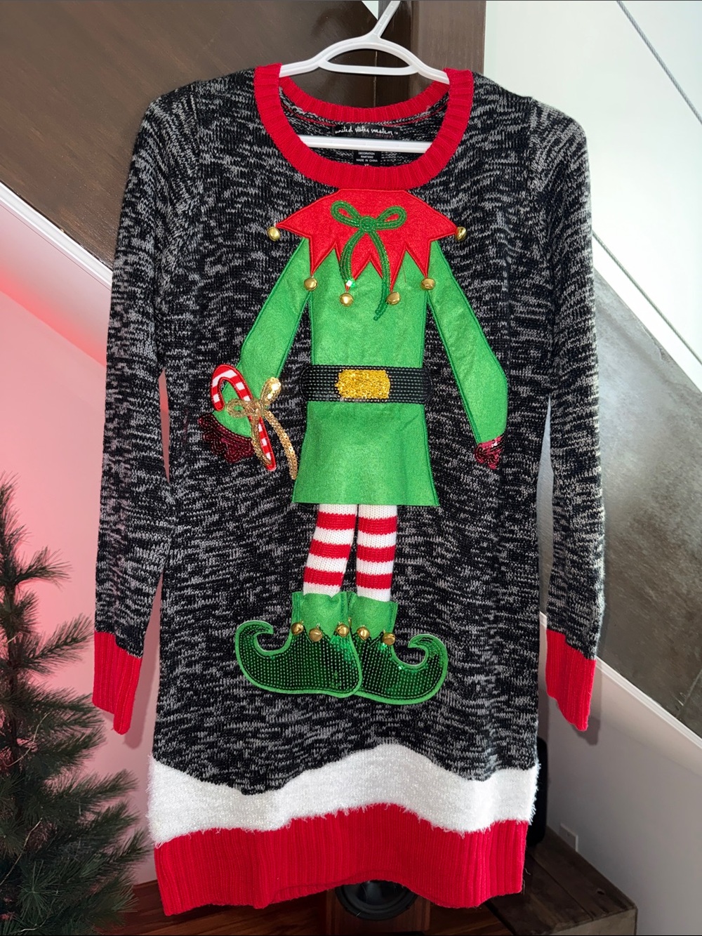 Girls' Black Christmas Elf Holiday Sweater Dress with Red & Green Accents
